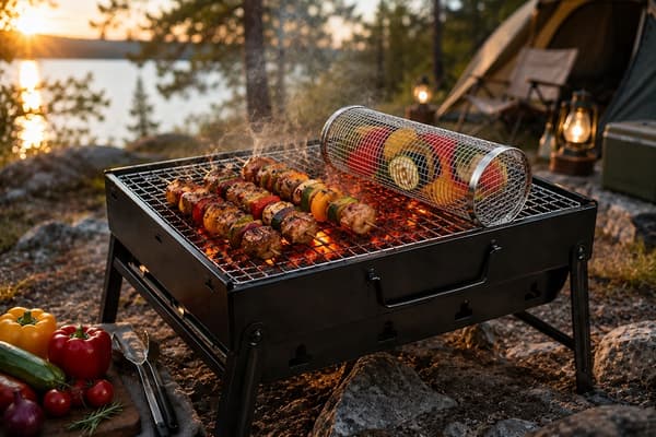 Hopfällbart turistgrillset 35x27 cm + grönsaksgrillkorg