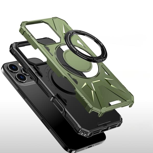 iPhone 16 Pro -kotelo, panssaroitu, jalustalla ja pidikkeellä, vihreä
