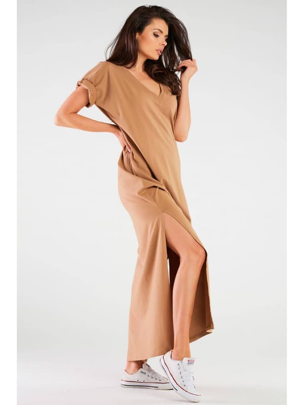 Oversized kimono maxikjole i bomuldsstrik, beige S/M