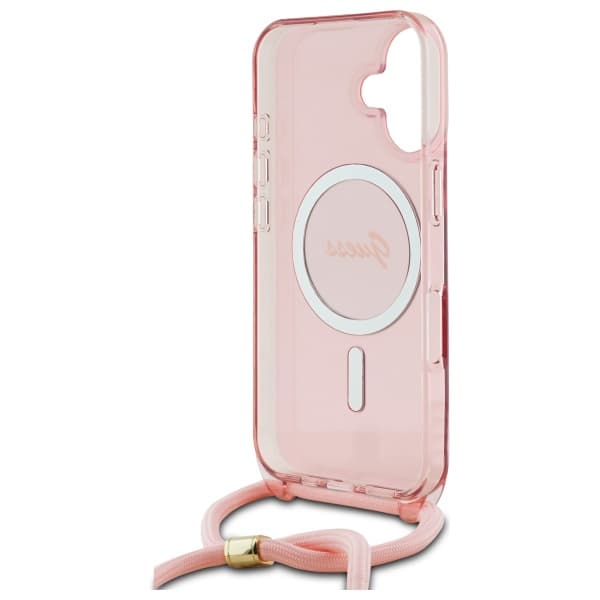 Guess Crossbody Cord Script MagSafe-etui til iPhone 16, lyserød