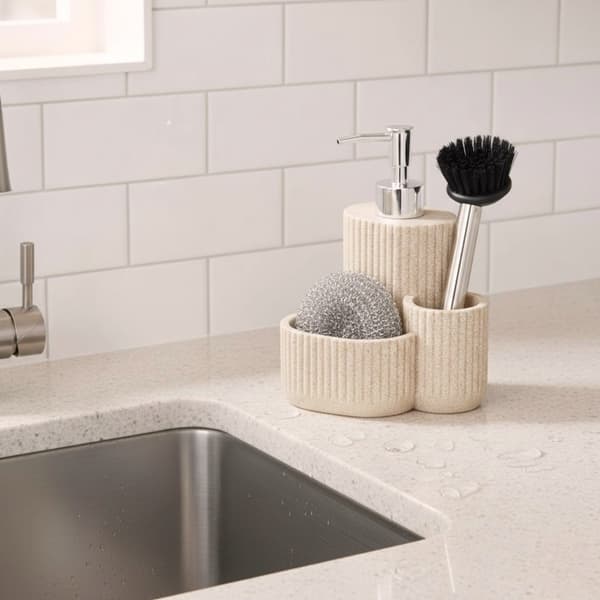 Diskmedelsfack för kök med borste och svamp, beige