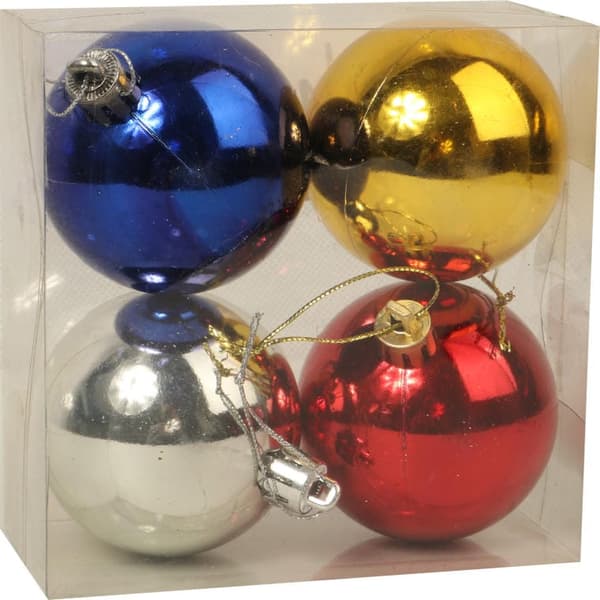 Sæt med fire farvede plastbolde - blå, rød, guld, sølv, 6 cm