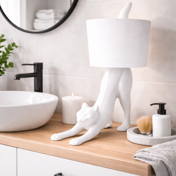 Hvid toiletpapirholder formet som en katte