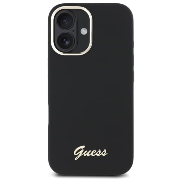 Guess silikoninen Script Metal Logo & Frame -suojakuori iPhone 16 Plussalle, musta
