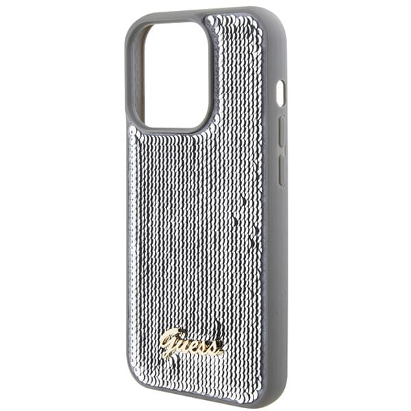 Guess Sequin Script Metal -suojakuori iPhone 15 Pro Maxille, hopea/hopea