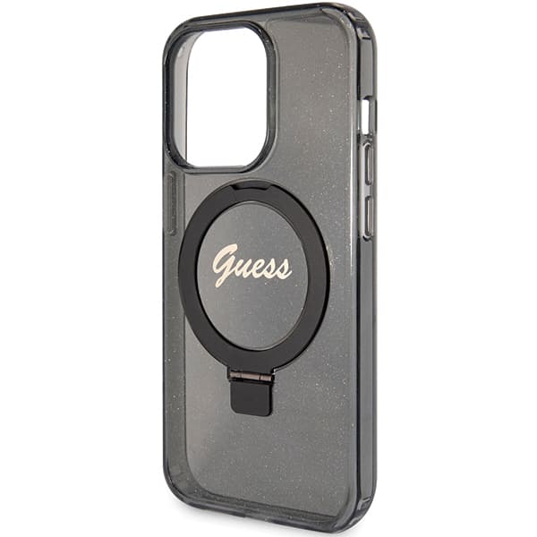 Guess Ring Stand Script Glitter MagSafe -kotelo iPhone 15 Pro Maxille, musta
