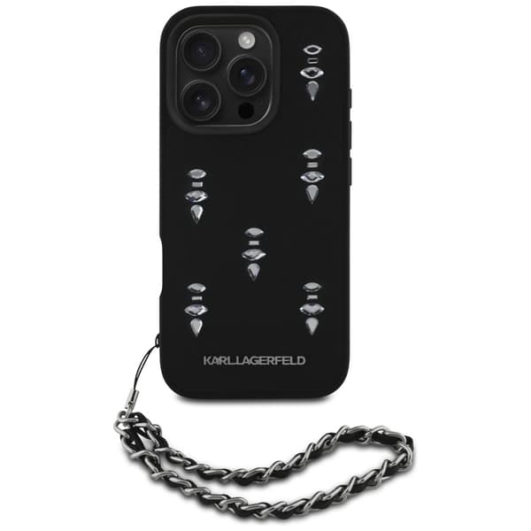 Karl Lagerfeld Saffiano Krystal Etui med Kæde til iPhone 16 Pro Sort