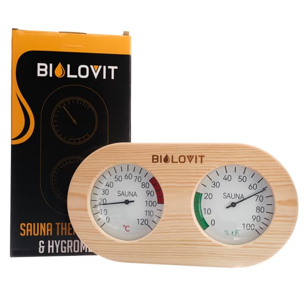 Bilovit - Bastutermometer med hygrometer av furu