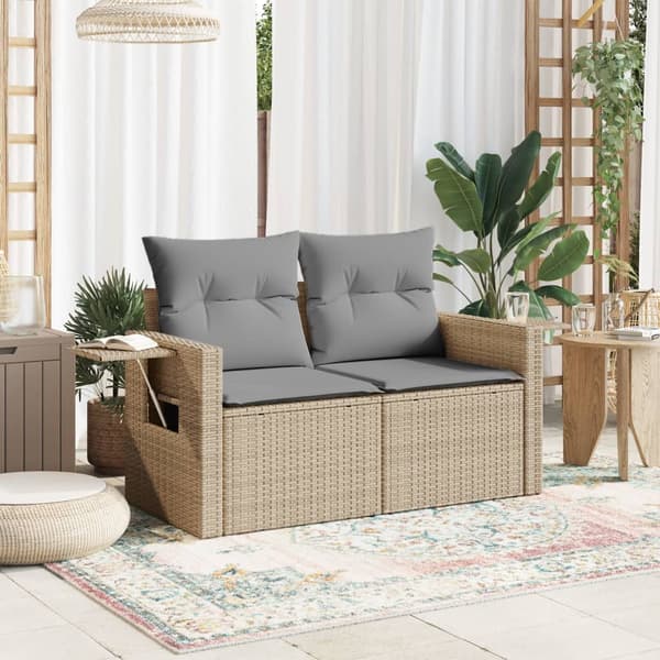 vidaXL Trädgårdssoffa med kuddar, 2-sits, beige, polyrotting