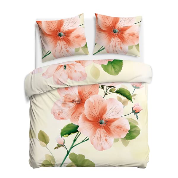 Sengesæt 220x200 SATIN BOMULD digitalprint stor blomst creme baggrund
