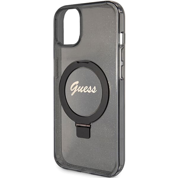 Guess Ring Stand Script Glitter MagSafe -suojakuori iPhone 13:lle, musta
