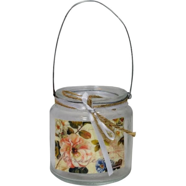 Glaslysestage med hank og blomstermotiv