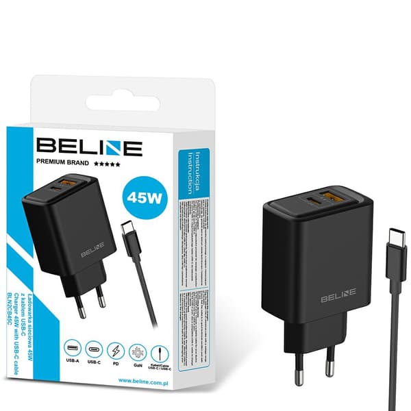 Beline 45W GaN USB-A/USB-C vægoplader + USB-C/USB-C kabel sort