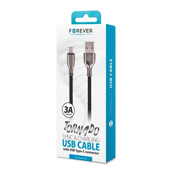 Forever Tornado USB - USB-C -kaapeli 1,0 m 3A musta punottu