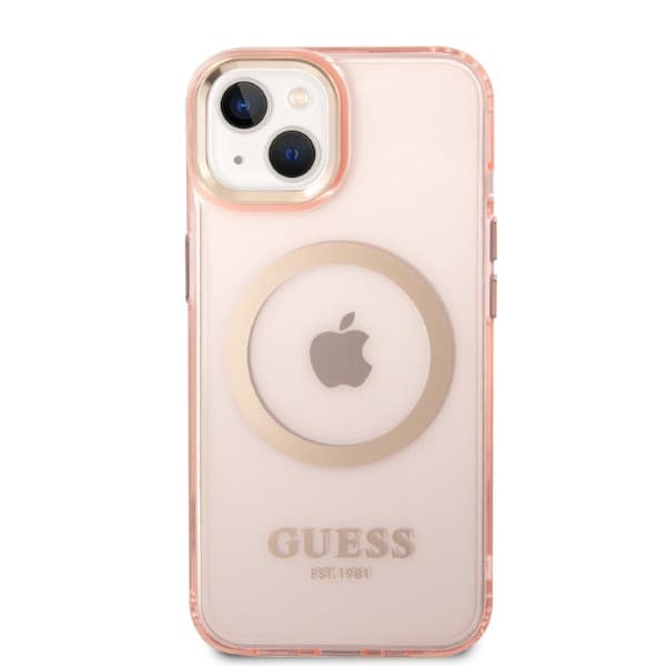 Guess Gold Outline Translucent MagSafe-etui til iPhone 14, lyserød