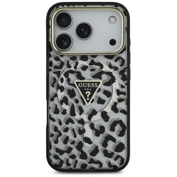 Guess Leopard Glitter MagSafe -kotelo iPhone 17 Prolle, musta