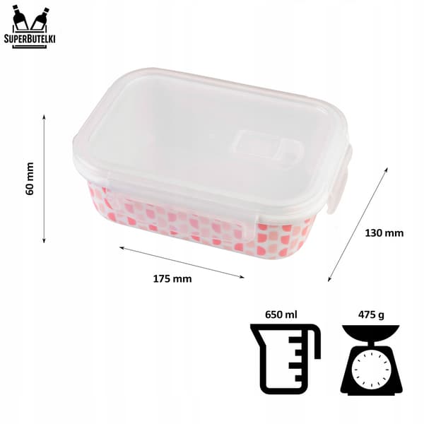 Set med 3 rektangulära glasbehållare (kapacitet 400, 650, 1000 ml) gröna och rosa