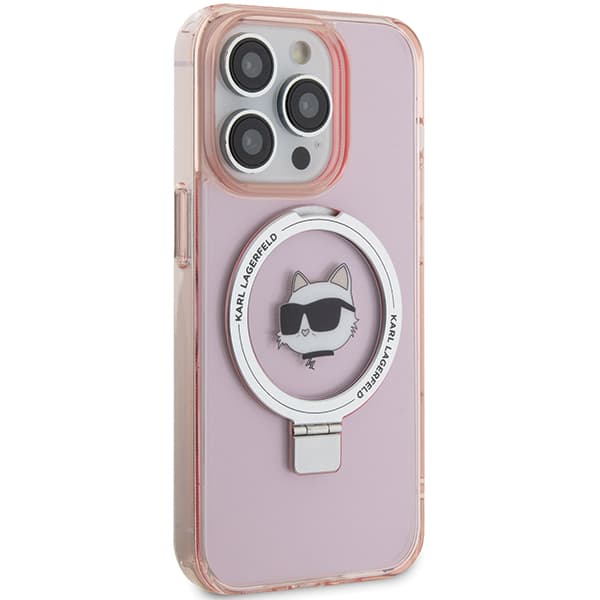Karl Lagerfeld Ring Stand Choupette Head MagSafe-etui til iPhone 15 Pro, lyserød