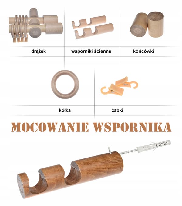 Dubbel gardinstång i trä, bokträ, 220 cm, sammankopplad cylinder
