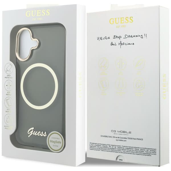 Guess IML Script Metallinen MagSafe-kotelo iPhone 17:lle, musta