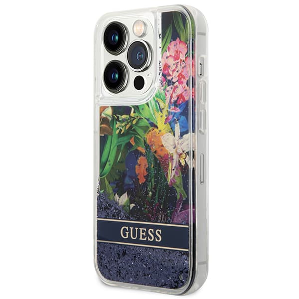 Guess Flower Liquid Glitter-skal till iPhone 14 Pro Max, blå