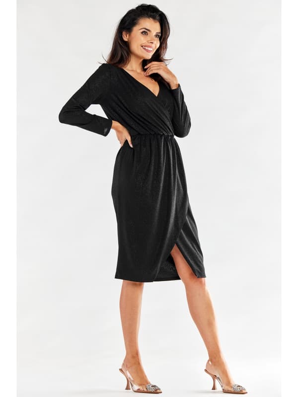 Glitter wrap midikjole med lange ærmer, sort XL