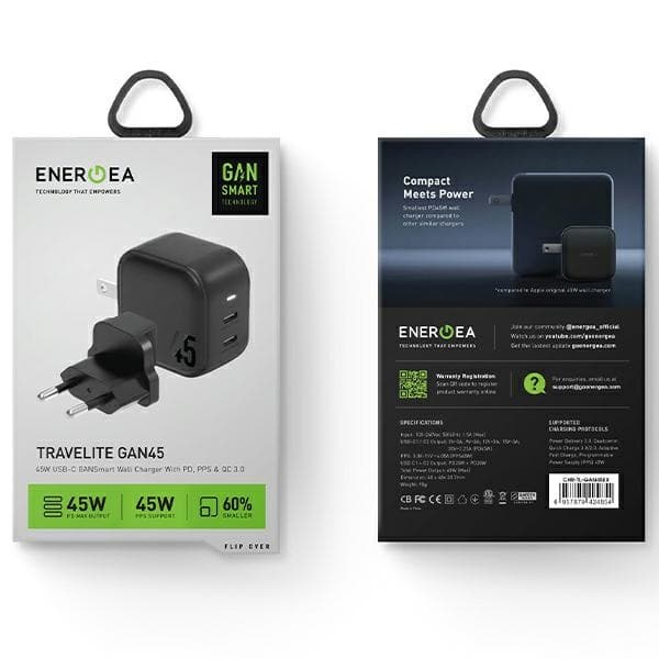 ENERGEA 2xUSB-C PD-PPS 45W2C sort/sort US+EU Travelite GAN45
