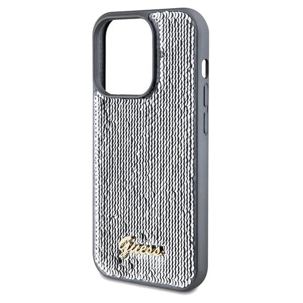 Guess Sequin Script Metal -suojakuori iPhone 14 Pro Maxille, hopea/hopea