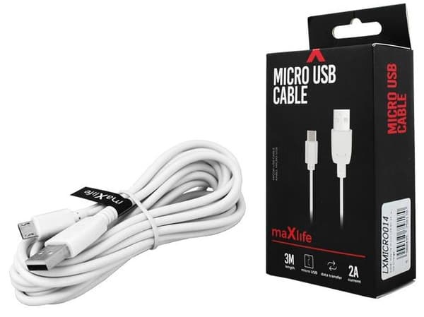 Maxlife USB - microUSB-kaapeli 3,0 m 2A valkoinen