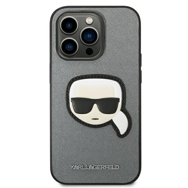 Karl Lagerfeld Saffiano Karl`s Head Patch-etui til iPhone 14 Pro Max, sølv