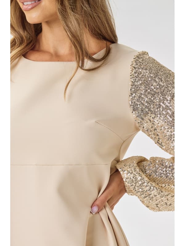A-formet minikjole med pailletterede ærmer, beige M