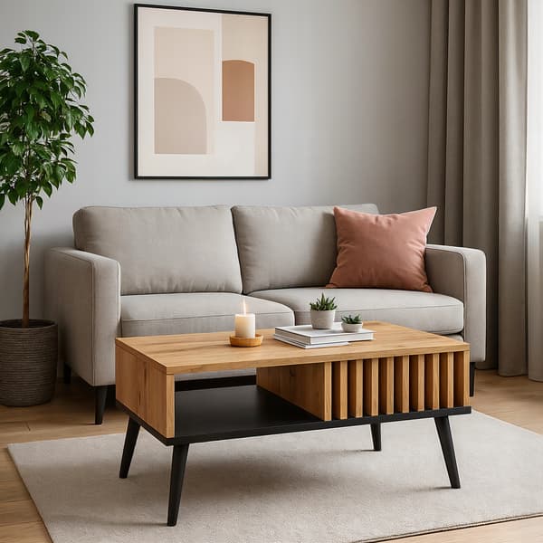 Skandinavisk sofabord, egetræslameller/sort, loftbord med hylde