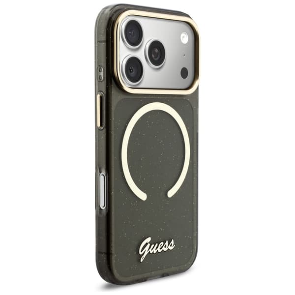 Guess IML Glitters Script Strap MagSafe-skal till iPhone 17 Pro Svart