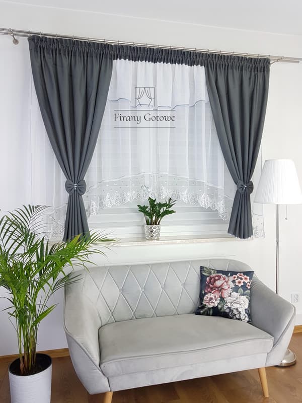Färdig gardin med draperier och lambrequin - grå