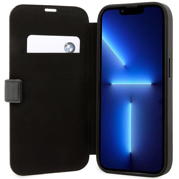 BMW Læder Flip-etui med Stamp og Blå Linjer til iPhone 14 Pro, Sort
