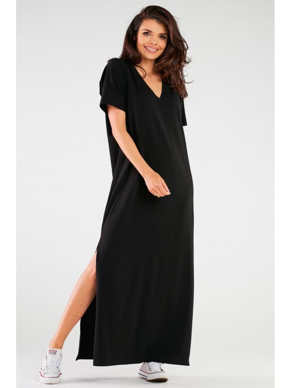 Oversized kimono maxikjole i bomuldsstrik, sort L/XL