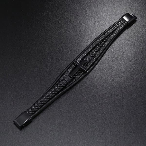 Herrflätat läderarmband med kors, presentarmband 19-22cm