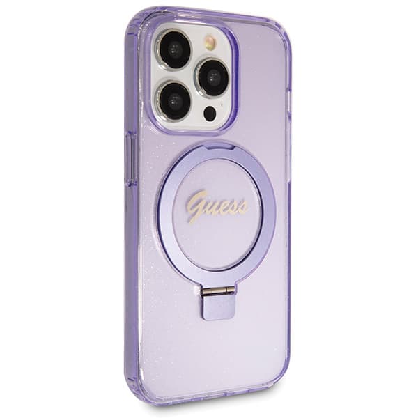 Guess Ring Stand Script Glitter MagSafe -kotelo iPhone 13 Pro Maxille, violetti