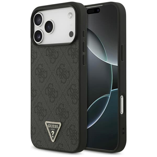 Guess Leather 4G Triangle Strass MagSafe -kotelo iPhone 17 Pro Maxille, musta