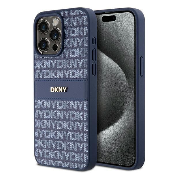 DKNY Lædercover med Mono Stripe og Metal Logo til iPhone 15 Pro Max, Blå