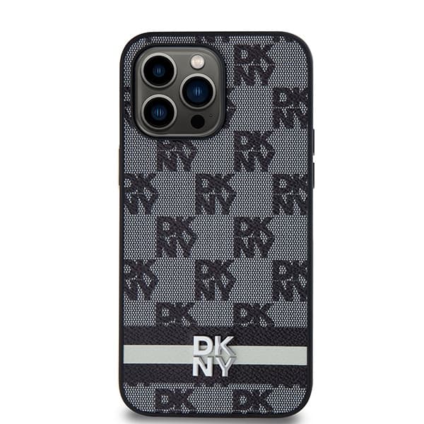 DKNY DKHCP14XPCPTSSK iPhone 14 Pro Max6,7" sort/sort hårdt cover i læder med ternet monogrammønster og trykte striber