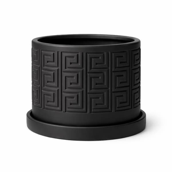Moderne sort urtepotte med underkop med geometrisk mønster