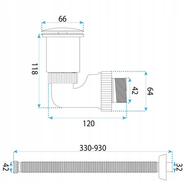 Låg tvättställssifon Flexibelt rör med klick-klack-plugg Rea Flow Titanium