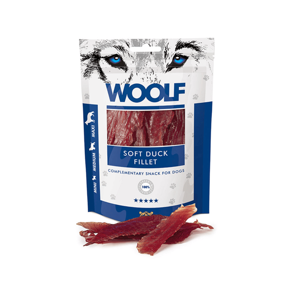 Woolf Hundegodbidder Andefilet Jerky Mini Medium Maxi Breed 100g