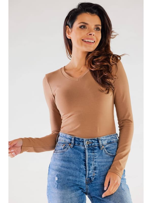 Enkel bomullsblus med V-ringning, beige L
