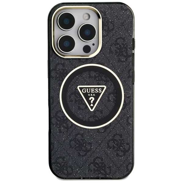 Guess IML Metal Glitter 4G Circle Triangle MagSafe-etui til iPhone 16 Pro, sort