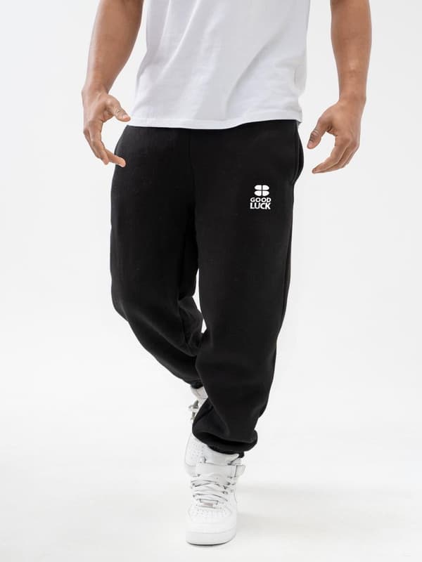Herre sorte joggingbukser med GOOD LUCK-logo, M