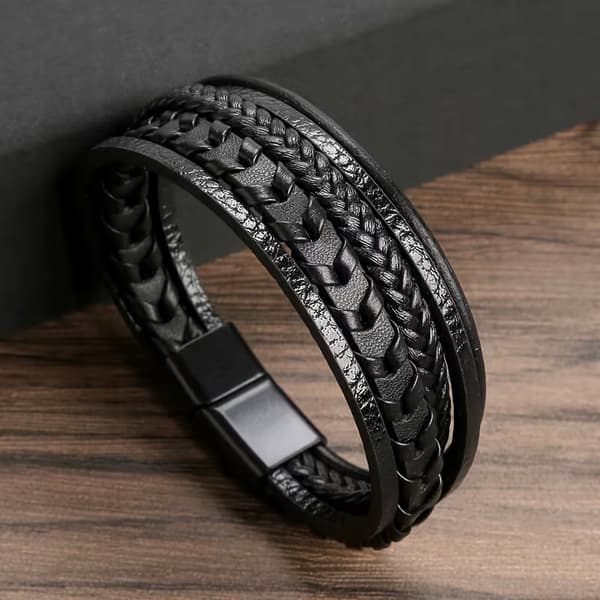 Svart flätat magnetiskt läderarmband för män, titan
