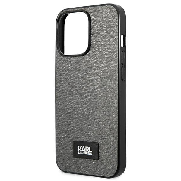 Karl Lagerfeld Saffiano Plaque -suojakuori iPhone 13 Pro Maxille, hopea