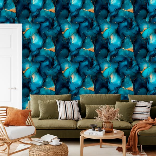 Tapet Blæk turkis, marineblå, sort og blå 50x1000 cm